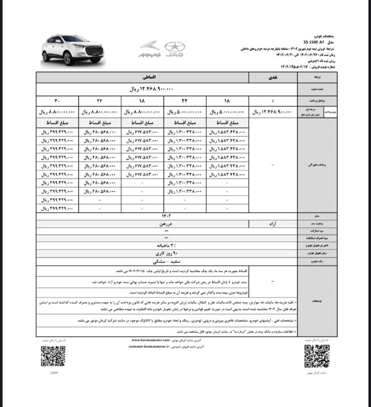 شرایط فروش ۴ محصول کرمان موتور