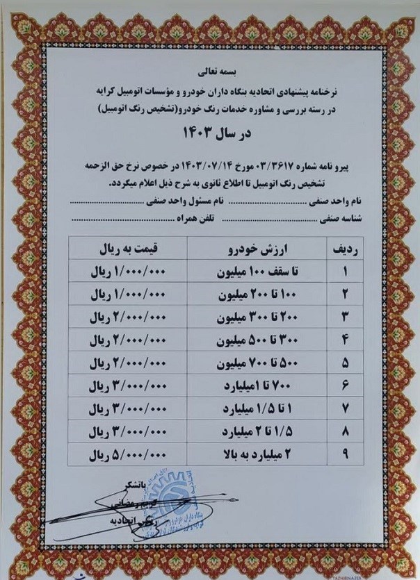 نرخ جدید کارشناسی رنگ خودرو اعلام شد