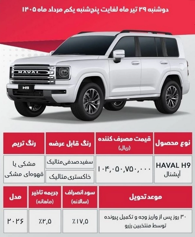 بخشنامه واریز وجه خودرو هاوال H9 (تیر 1405)